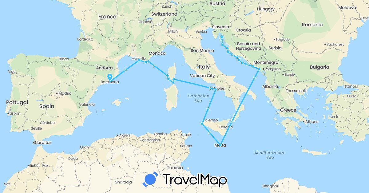 TravelMap itinerary: driving, boat in Spain, France, Croatia, Italy, Montenegro, Malta (Europe)